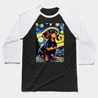 Cute Dachshund Dog Breed in a Van Gogh Starry Night Art Style Baseball T-Shirt